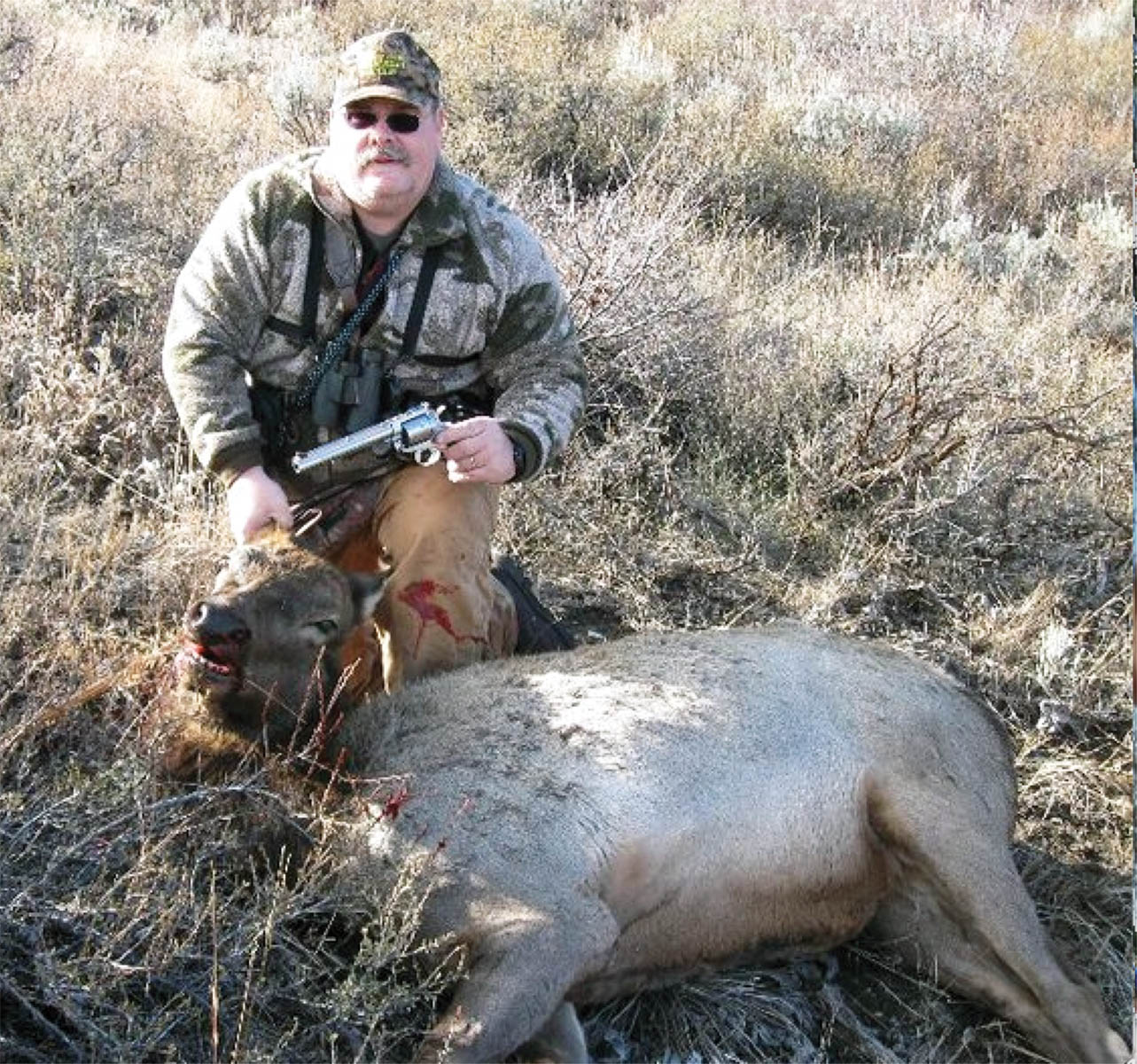 Tank with the  cow elk he took in the “Land of Elmer” with his 45 Colt  Bisley Hunter and .45 Keith slug.